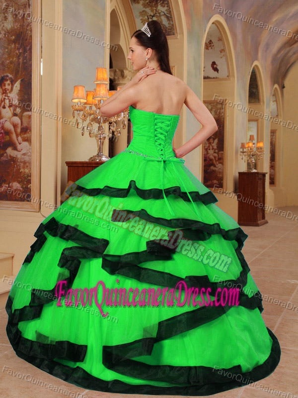 Beautiful Strapless Green Organza Appliques Sweet Sixteen Dress Layered