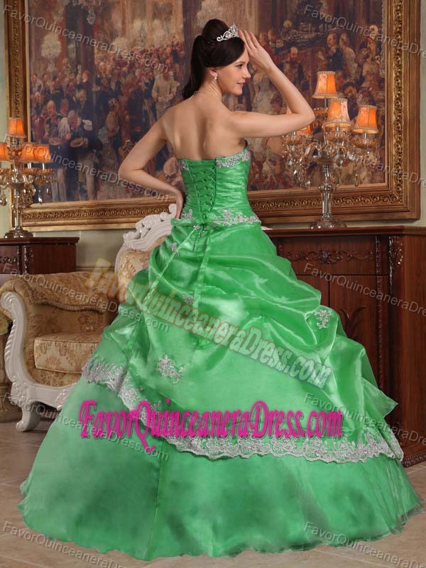 Shimmering Green Sweetheart Organza Quince Dress with Appliques on Sale