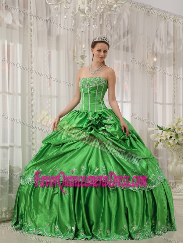 Beaded Spring Green Appliques Taffeta Quinceanera Dresses with Pick-ups