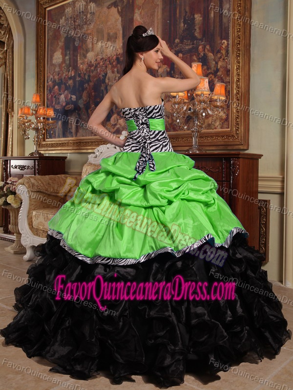 Taffeta and Organza Zebra Green and Black Pick-ups Dress for Quinceanera
