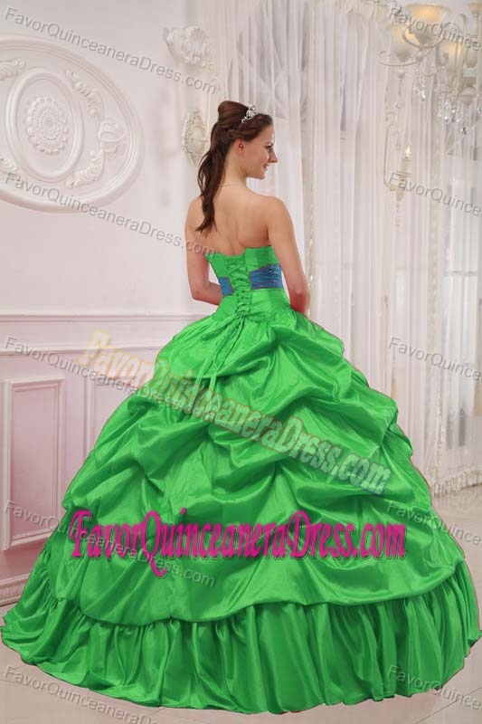 Most Popular Green and Blue Taffeta Floral Quinceanera Gown with Beading