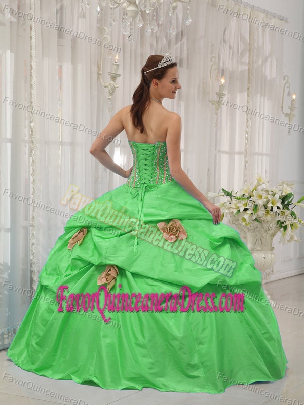 Lovely Taffeta Strapless Green Handmade Flowers Quinceanera Gown Beaded