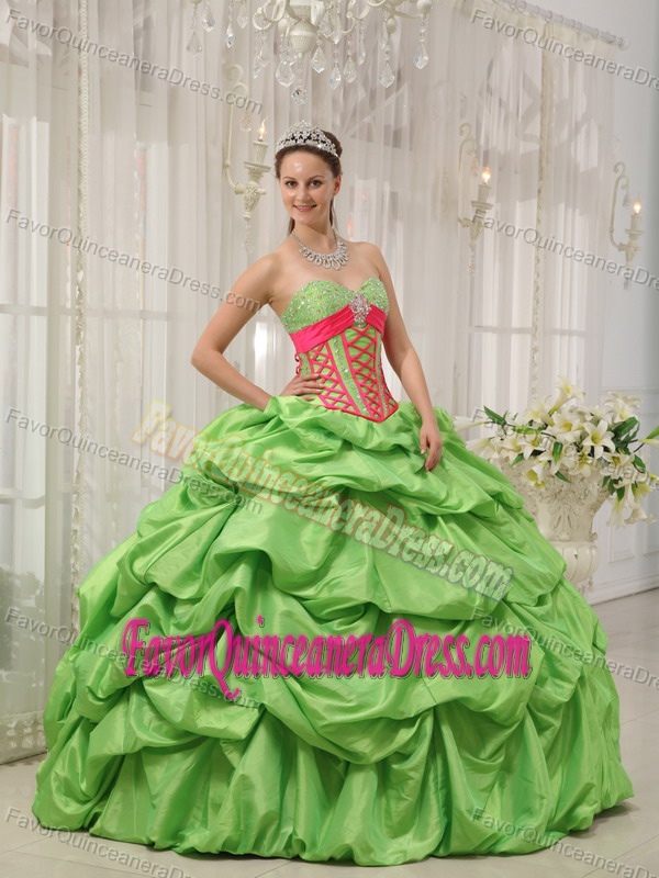 Famous Sweetheart Pick-ups Spring Green Taffeta Quinceanera Dress Beaded