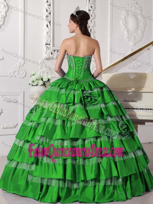 Taffeta Handmade Flower Green Sweetheart Embroidery Quinceanera Dresses