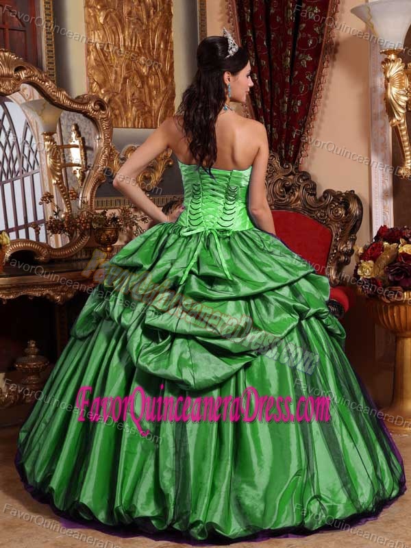 Fashionable Hand Made Flower Pick-ups Taffeta Quinceanera Gowns in Green