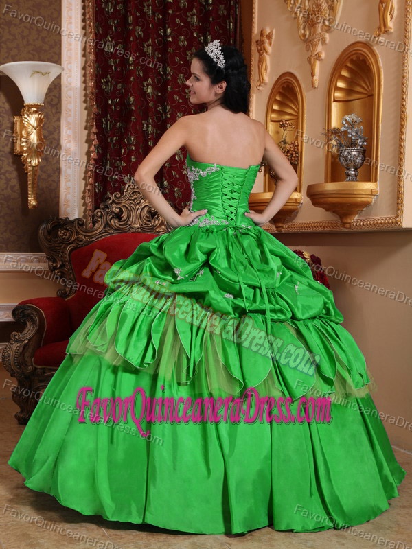 Desirable Pick-ups Green Taffeta Quinceanera Gown with Appliques on Sale