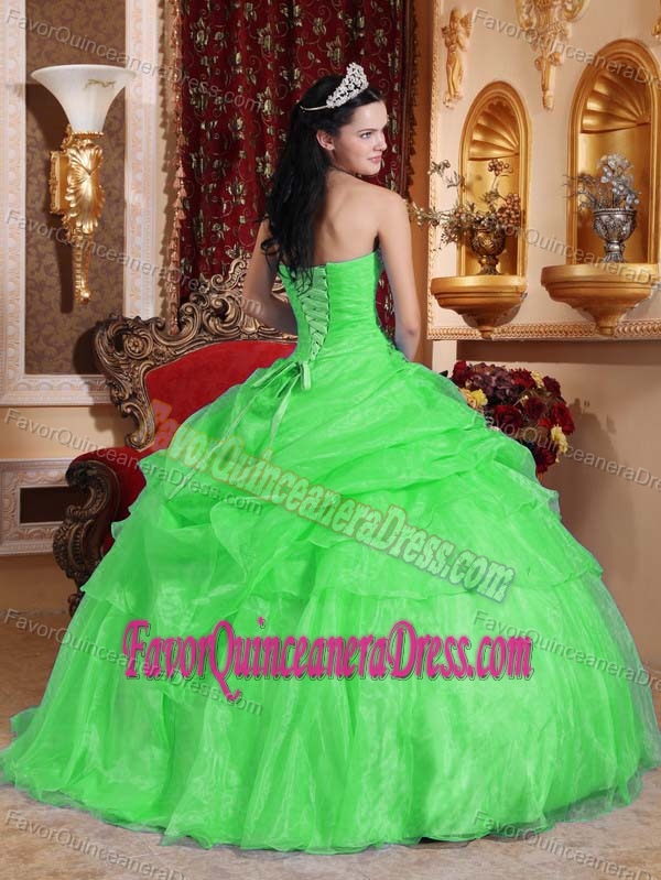 Pretty Strapless Beads Spring Green Organza Pick-ups Quinceanera Dress