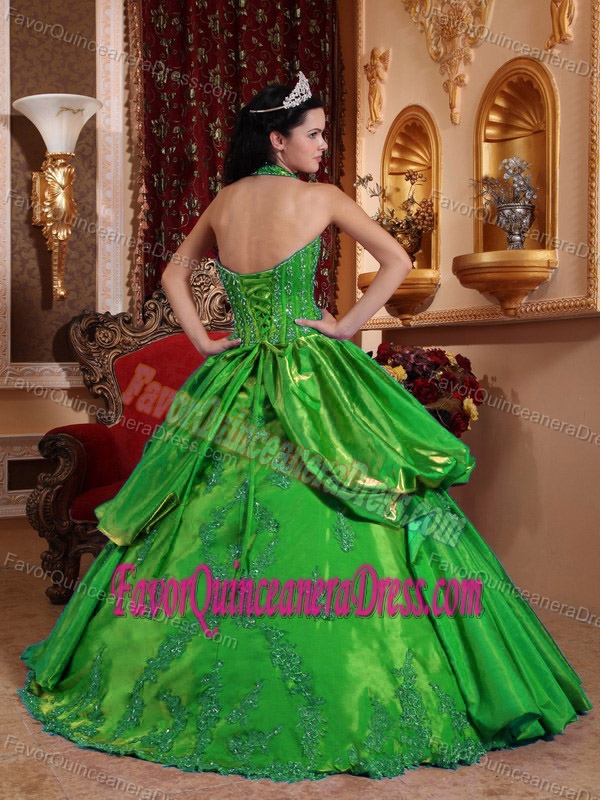 Tasty Halter Floor-length Taffeta Sweet 16 Dresses with Appliques in Green