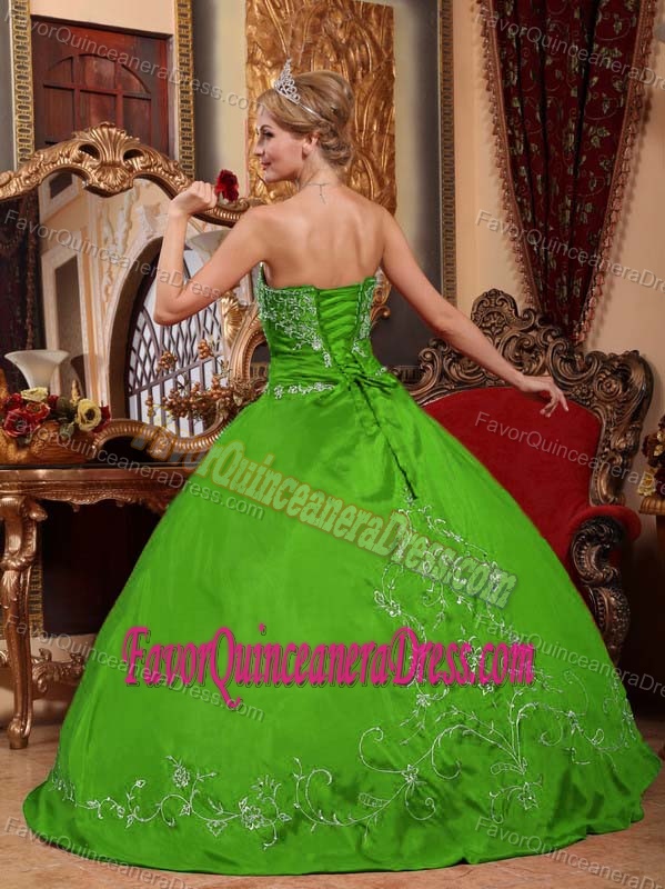 Voguish Green Strapless Floor-length Satin Embroidery Dress for Quinceanera