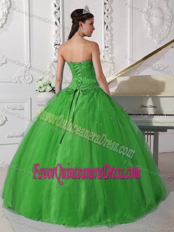 Trendy Green Strapless Tulle Dresses for Quinceanera with Beading and Ruche