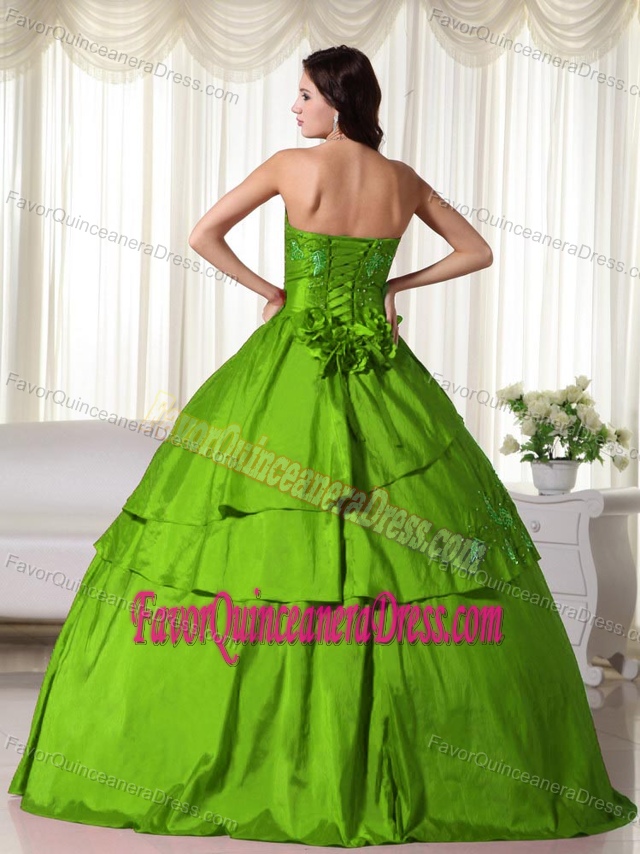 Fashion Green Strapless Taffeta Sweet Sixteen Dress with Hand made Flowers