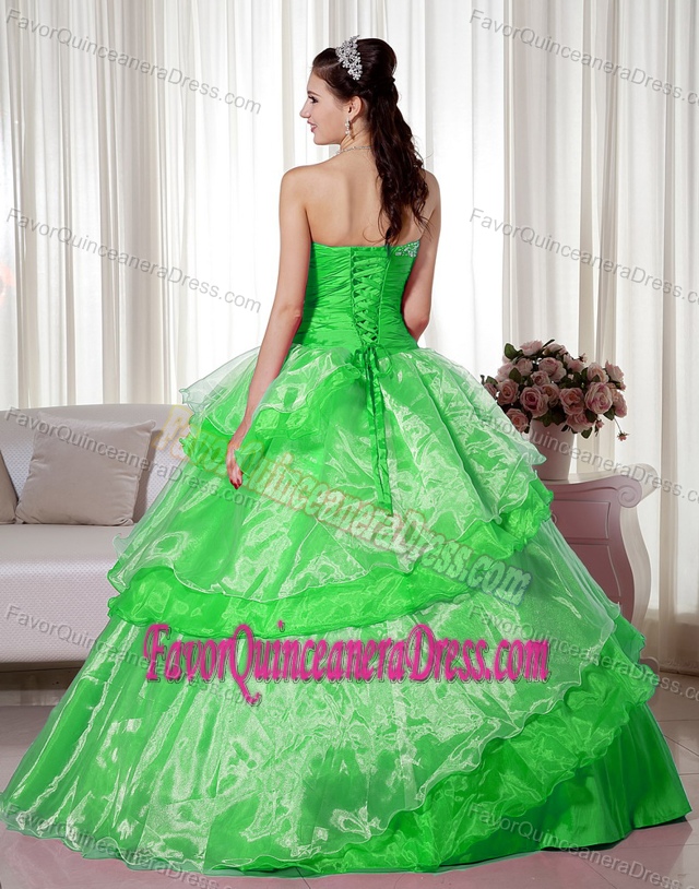 Latest Spring Green Taffeta and Organza Quinces Dress with Hand Made Flower