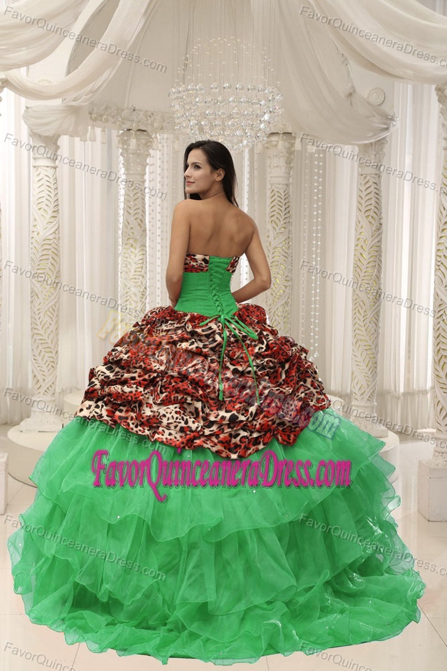 In The Mainstream Green Organza Quinceanera Dress with Beading and Leopard