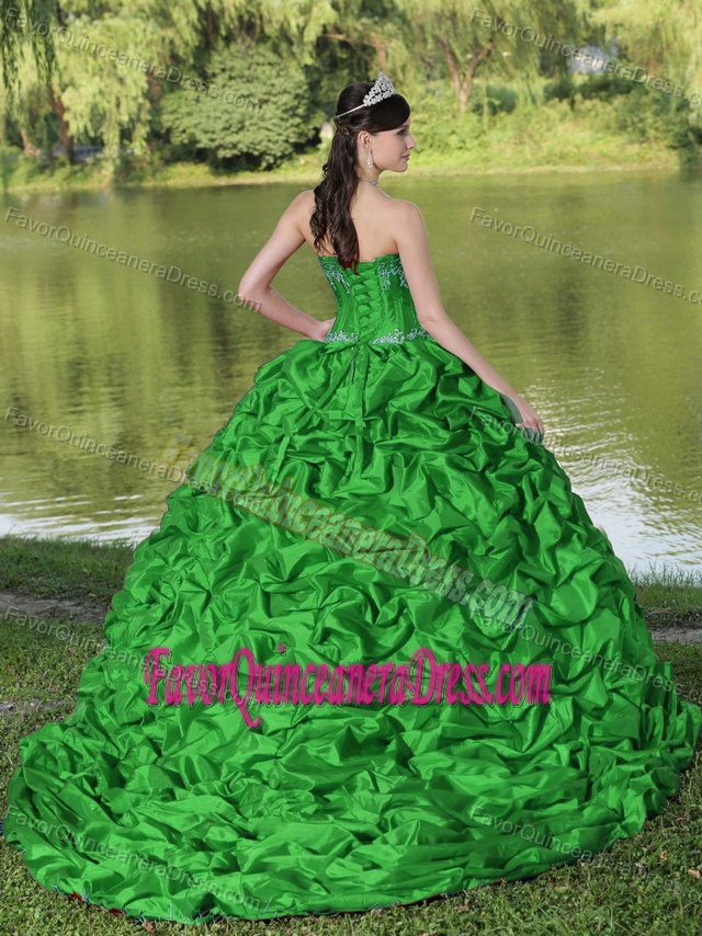 In Fashion Green Brush Train Quinceanera Gowns with Appliques and Pick-ups