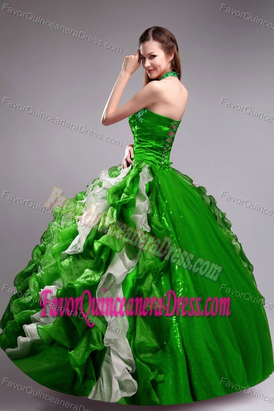Green Chichi Halter Organza Quinceaneras Dress with Appliques and Ruffles