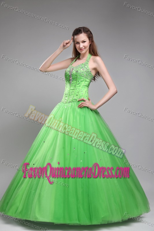 Beautiful Green Ball Gown Halter Floor-length Tulle Beaded Quinces Dresses