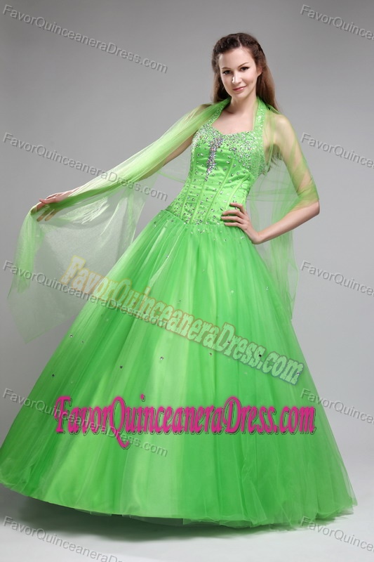 Beautiful Green Ball Gown Halter Floor-length Tulle Beaded Quinces Dresses