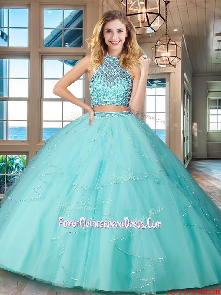 Decent Aqua Blue Two Pieces Scoop Sleeveless Tulle Floor Length Backless Beading and Ruffles Sweet 16 Dresses