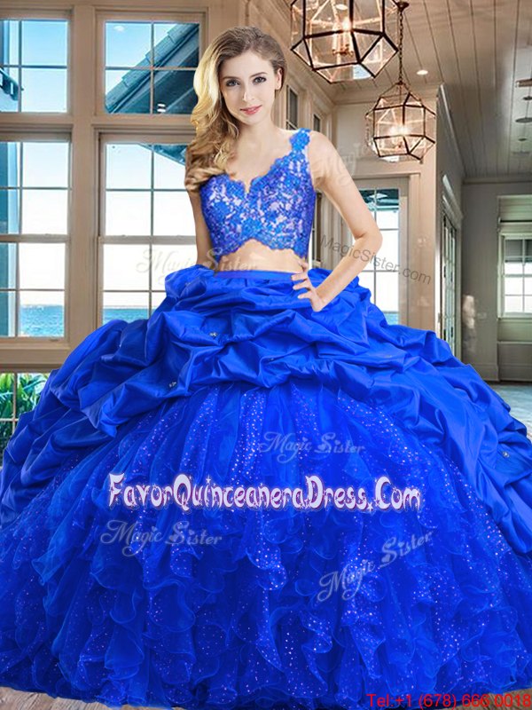  Pick Ups Royal Blue Ball Gown Prom Dress V-neck Sleeveless Brush Train Zipper