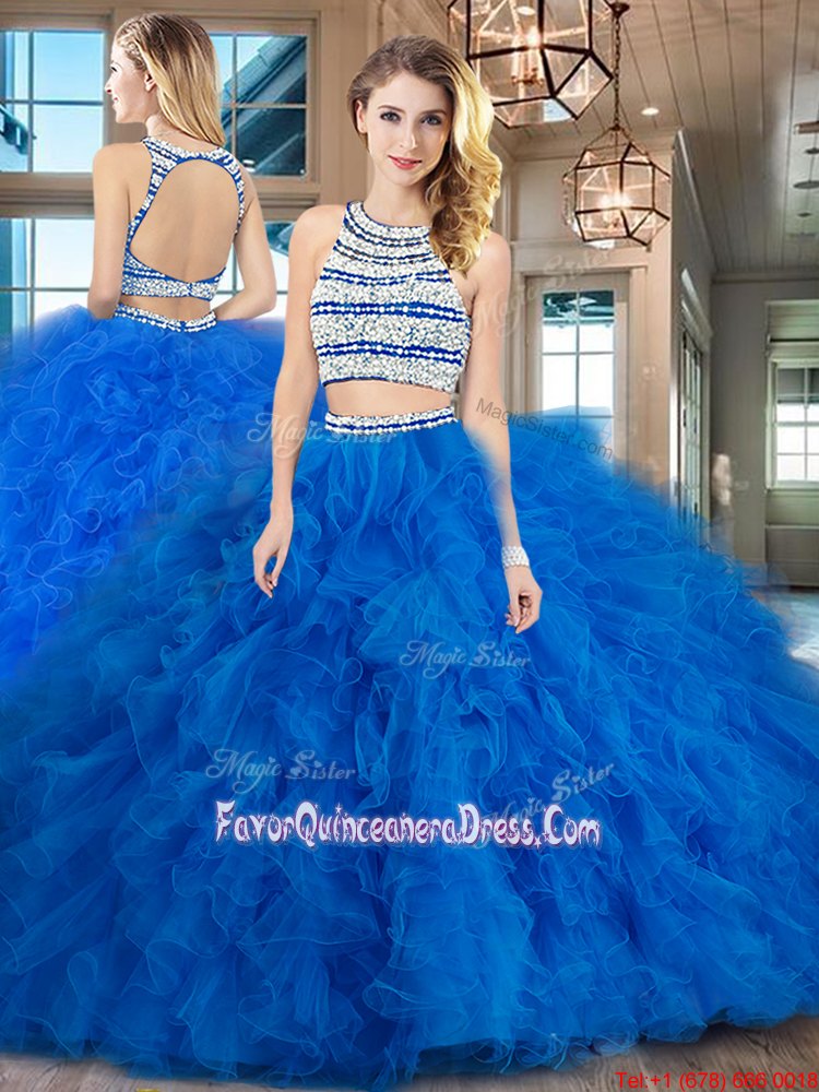 Fabulous Scoop Long Sleeves Floor Length Beading and Lace and Ruffles Zipper 15 Quinceanera Dress with Aqua Blue