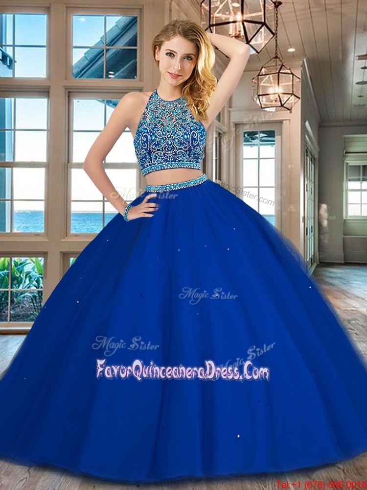 Customized Floor Length Aqua Blue Quince Ball Gowns Scoop Sleeveless Lace Up