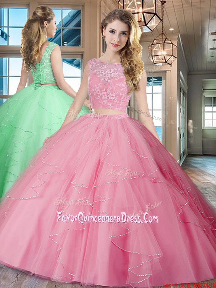  With Train Rose Pink Ball Gown Prom Dress Tulle Brush Train Sleeveless Lace and Ruffles