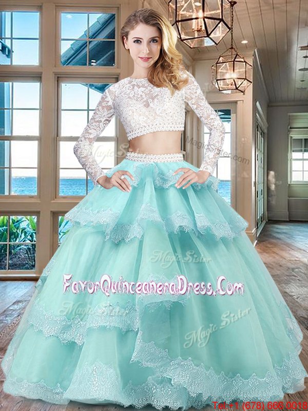  Scoop Long Sleeves Tulle and Lace Sweet 16 Dress Beading and Lace and Ruffled Layers Zipper