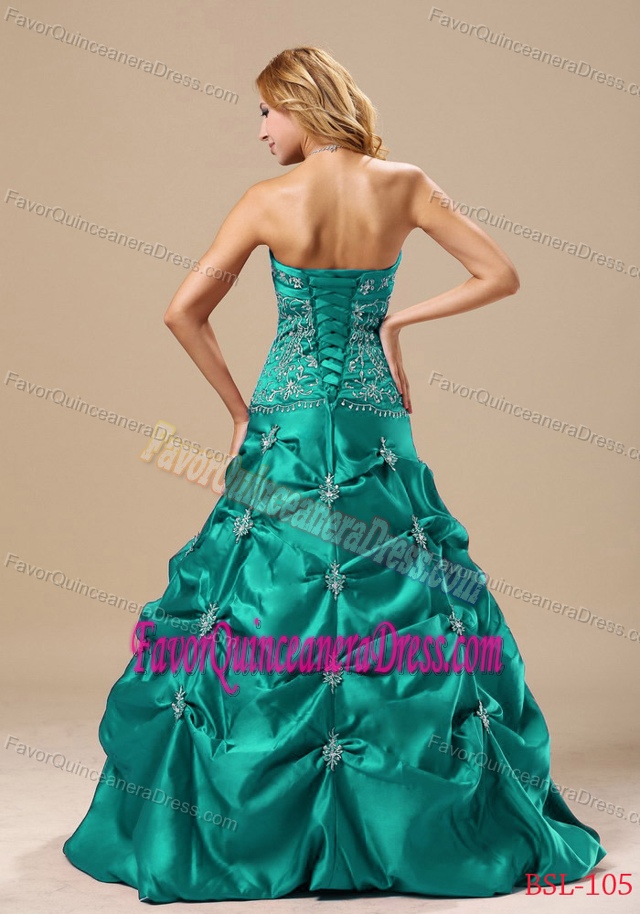 Cheap Strapless A-line Turquoise Taffeta Quinceanera Gown with Embroidery