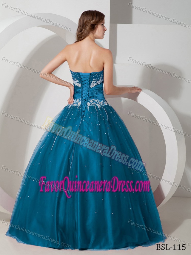 Perfect Teal Tulle Taffeta Sweet 15 Quince Dress with Appliques and Beading