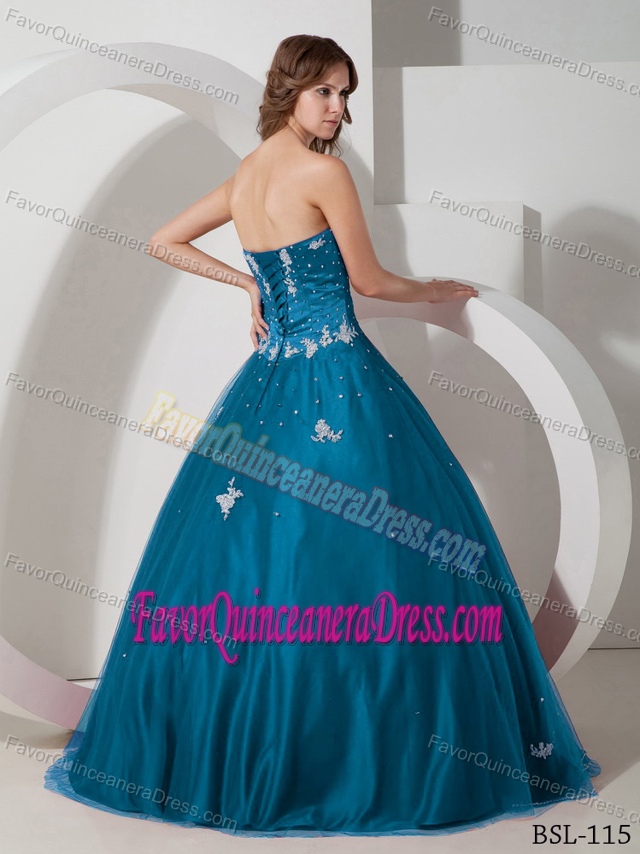 Pretty Strapless Appliqued Beaded Teal Quinceanera Dress in Tulle Taffeta