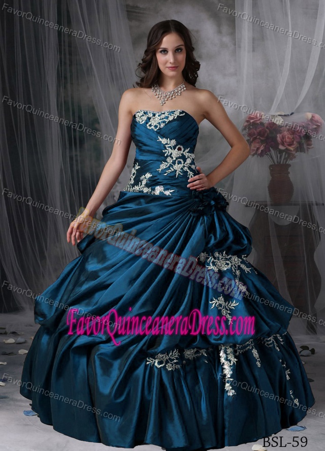 Affordable Appliqued Taffeta Teal Ball Gown Quince Dresses under 200