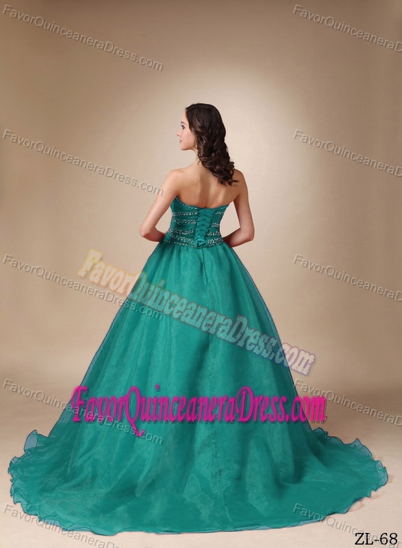 Clearance Organza Brush Train Beaded Sweet 16 Dresses in Turquoise