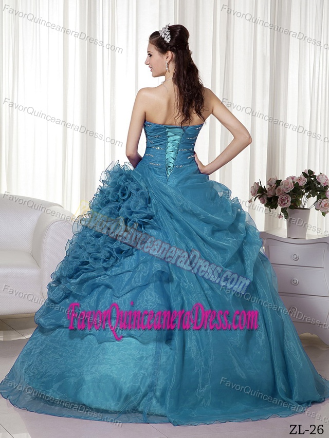 Top Sale Sweetheart Beaded Organza Teal Sweet 15 Dress with Rolling Flowers