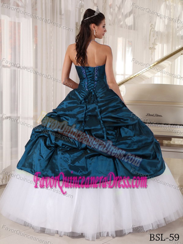 Modernistic Tulle Taffeta Appliqued Quinceanera Dress in White and Teal