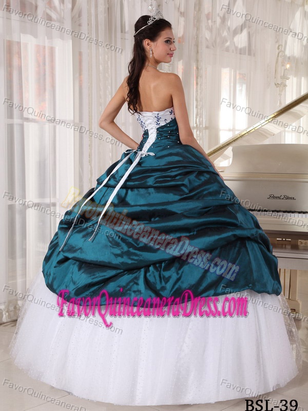 Recommended White and Teal Embroidered Quinceaneras Dress Tulle Taffeta