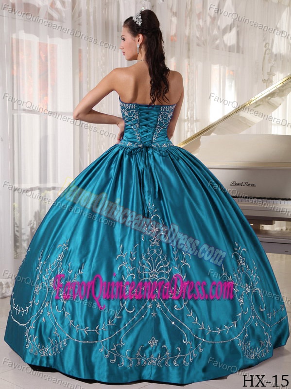 Affordable Strapless Teal Satin Quinceanera Gown Dress with Embroidery