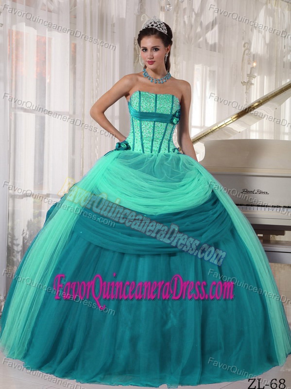Special Style Beaded Tulle Teal and Apple Green Quince Dresses for Sale