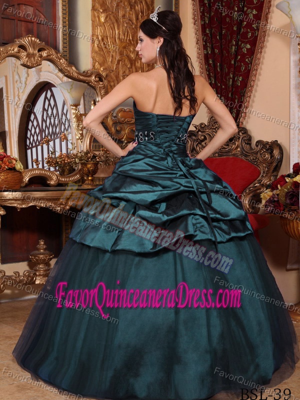 Affordable Dark Green Taffeta Tulle Strapless Sweet 15 Dresses under 200
