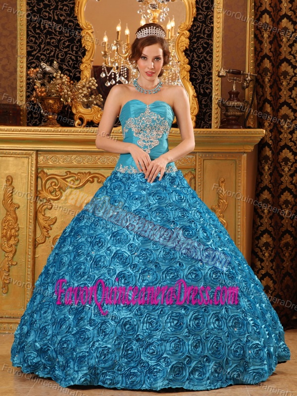 Lovely Floral Embossed Fabric Teal formal Quinceanera Gown with Appliques