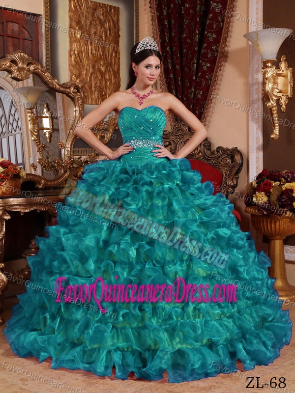 Amazing Beaded Ruffled Teal Organza Quinceanera Dresses on Promotion
