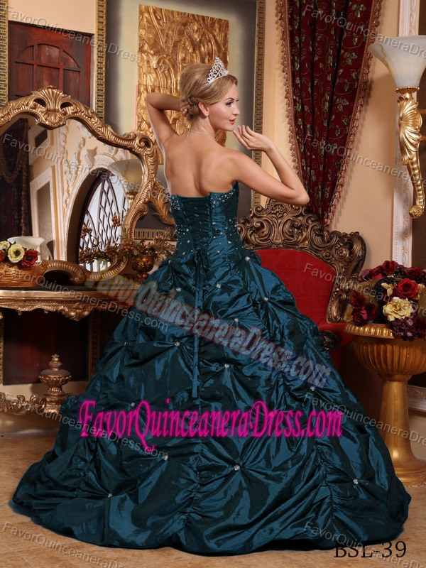 Good Quality Taffeta Pick-ups Beaded Teal Quinceanera Dress Ball Gown
