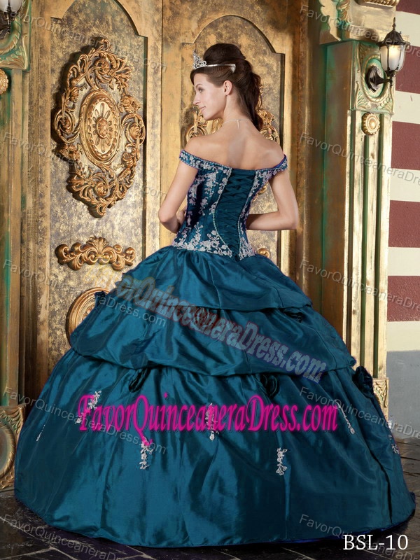 Fast Shipping Off-the-shoulder Taffeta Teal Quinceanera Gown with Appliques