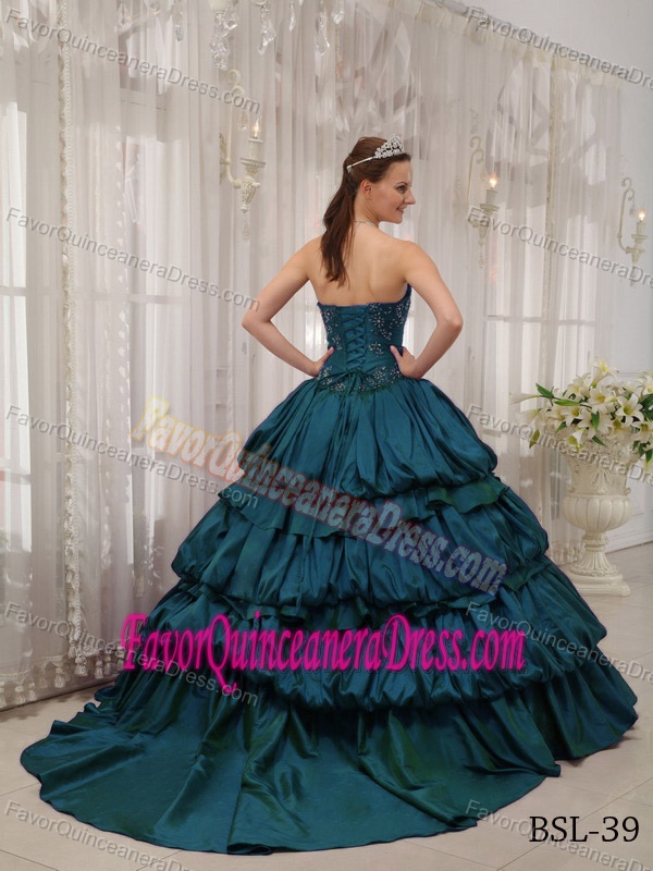 Mature Appliqued Court Train Teal Ball Gown Quinceanera Dress in Taffeta
