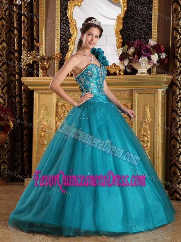 Newest Princess One Shoulder Teal Beaded Sweet 15 Dress in Tulle Taffeta