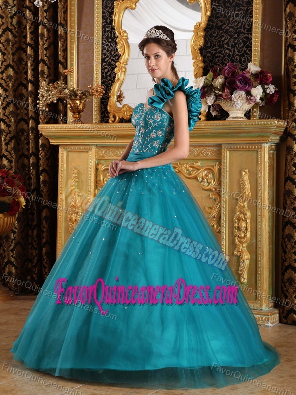 Newest Princess One Shoulder Teal Beaded Sweet 15 Dress in Tulle Taffeta