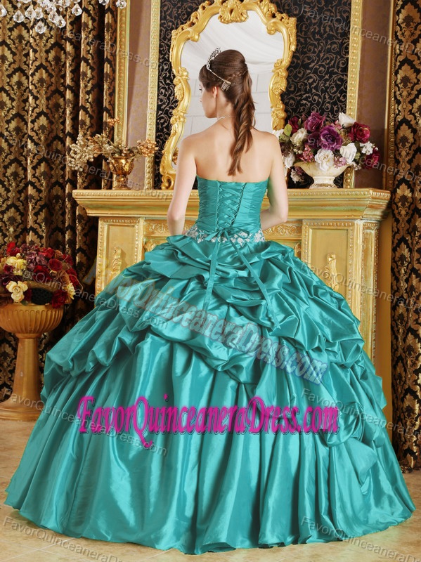 Pretty Pick-ups Appliqued Teal Fall Quinceanera Gowns in Taffeta for Sale