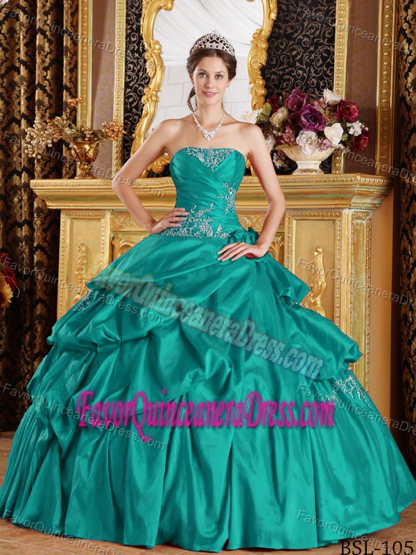 Exclusive Strapless Taffeta Turquoise formal Quinceanera Gown with Appliques