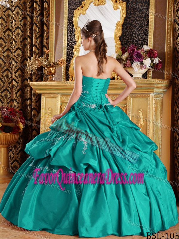 Exclusive Strapless Taffeta Turquoise formal Quinceanera Gown with Appliques