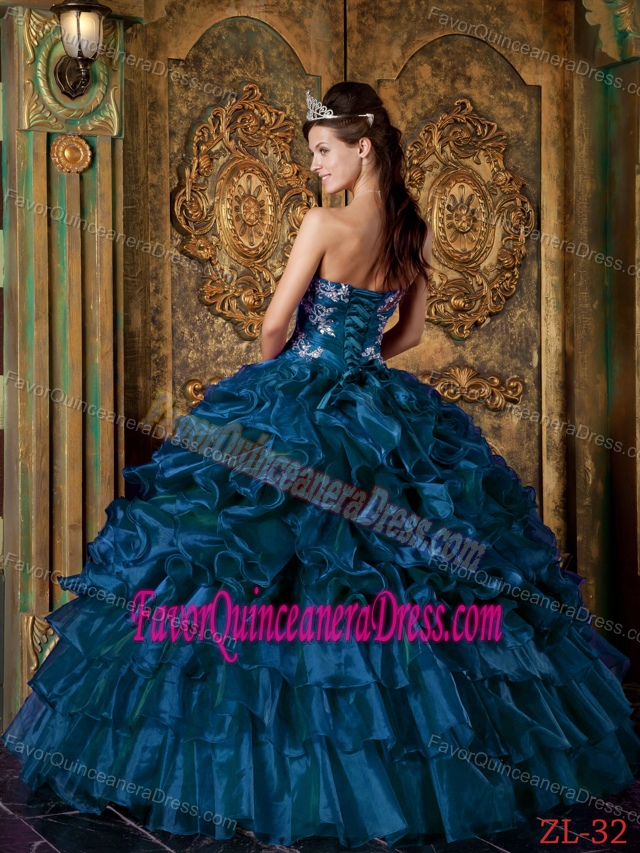 Fabulous Appliqued Ruffled Organza Teal Sweet 16 Dresses on Discount
