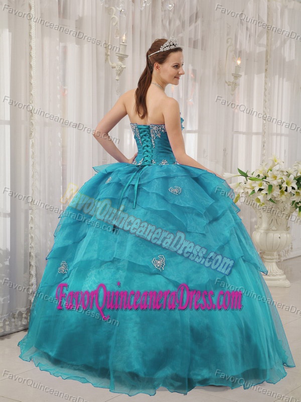 2013 Pretty Teal Organza Taffeta Quinceanera Gown Dresses with Beading